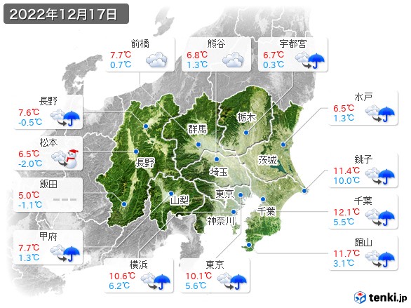 関東・甲信地方(2022年12月17日の天気