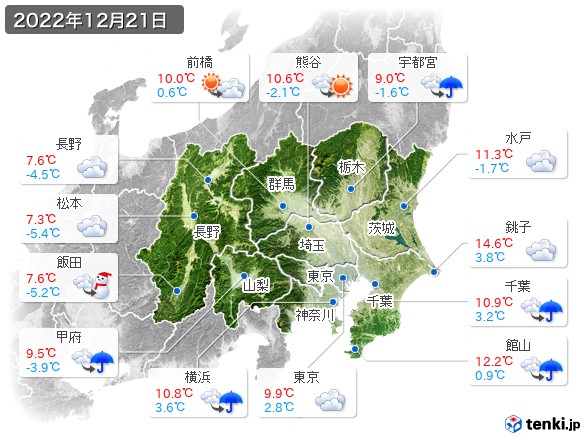 関東・甲信地方(2022年12月21日の天気