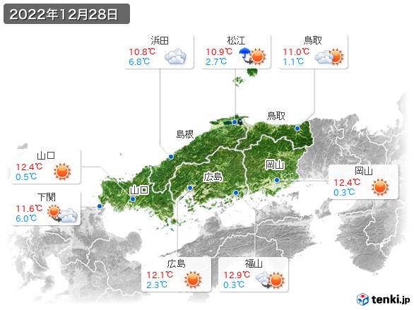 中国地方(2022年12月28日の天気