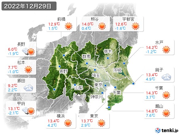 関東・甲信地方(2022年12月29日の天気