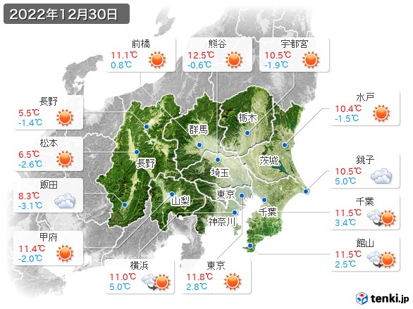 関東・甲信地方(2022年12月30日の天気