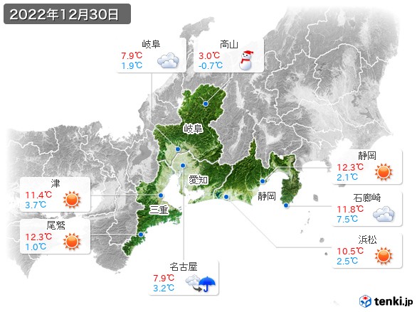 東海地方(2022年12月30日の天気