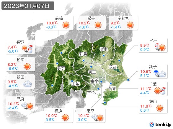 関東・甲信地方(2023年01月07日の天気