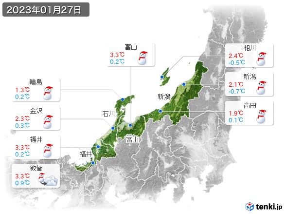 北陸地方(2023年01月27日の天気