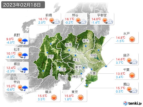 関東・甲信地方(2023年02月18日の天気