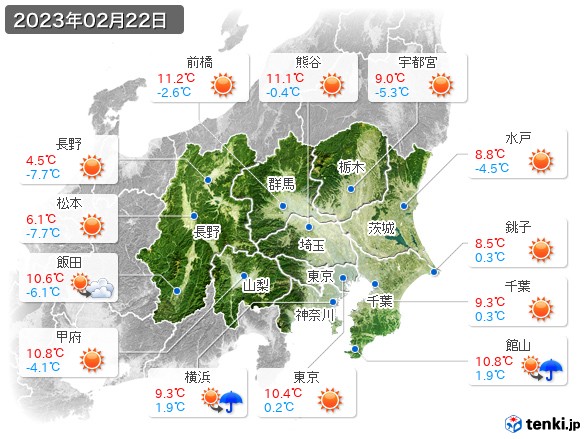 関東・甲信地方(2023年02月22日の天気