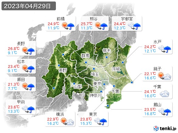 関東・甲信地方(2023年04月29日の天気