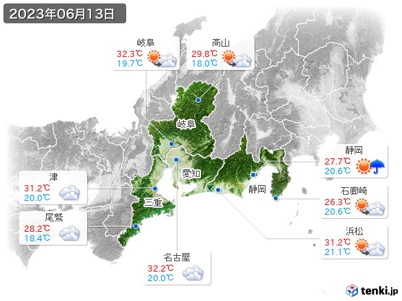 東海地方(2023年06月13日の天気