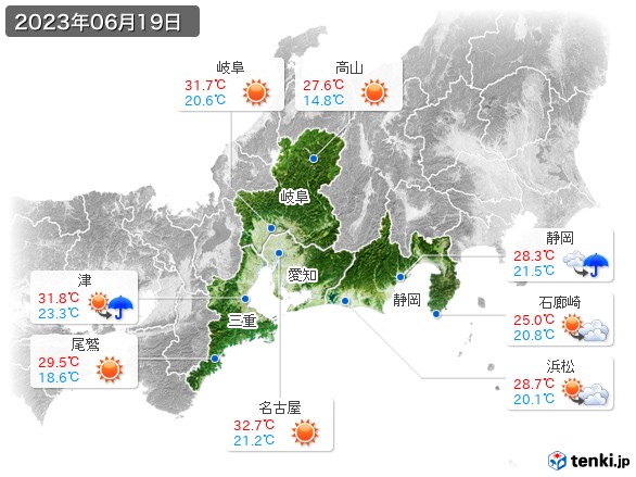 東海地方(2023年06月19日の天気