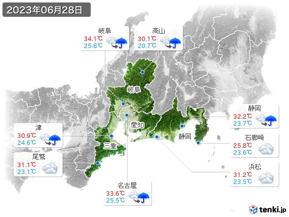東海地方(2023年06月28日の天気