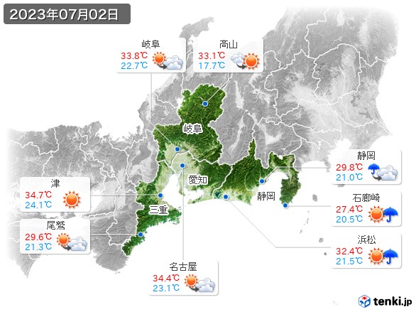 東海地方(2023年07月02日の天気
