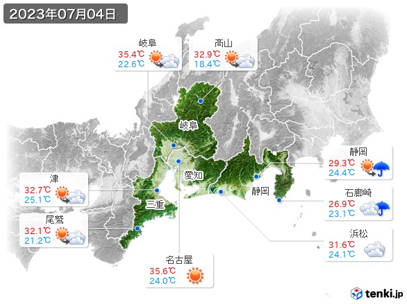 東海地方(2023年07月04日の天気