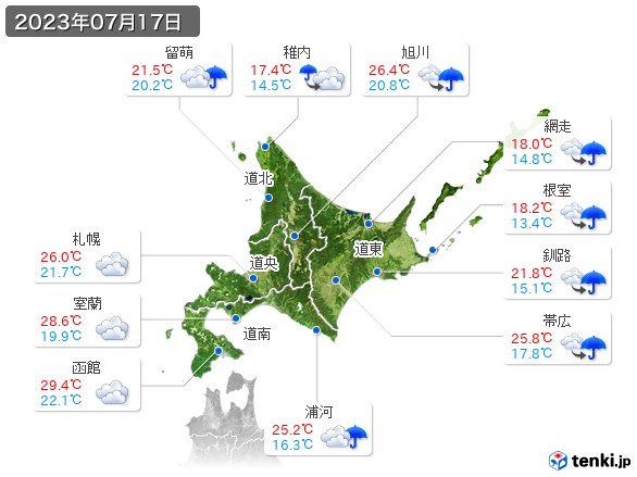 北海道地方(2023年07月17日の天気