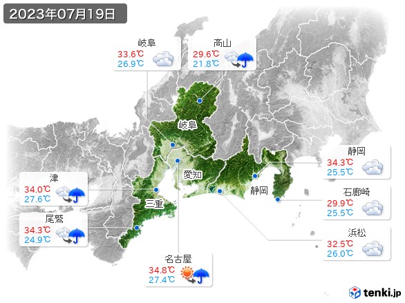 東海地方(2023年07月19日の天気