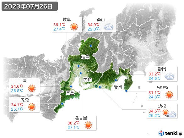 東海地方(2023年07月26日の天気