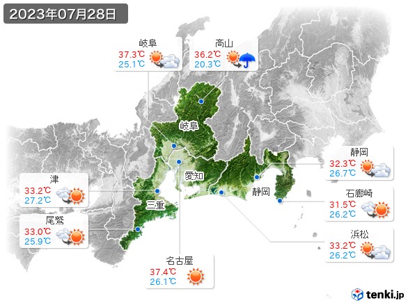 東海地方(2023年07月28日の天気