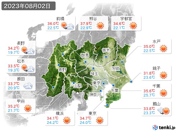 関東・甲信地方(2023年08月02日の天気