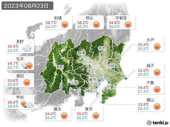関東・甲信地方(2023年08月03日の天気