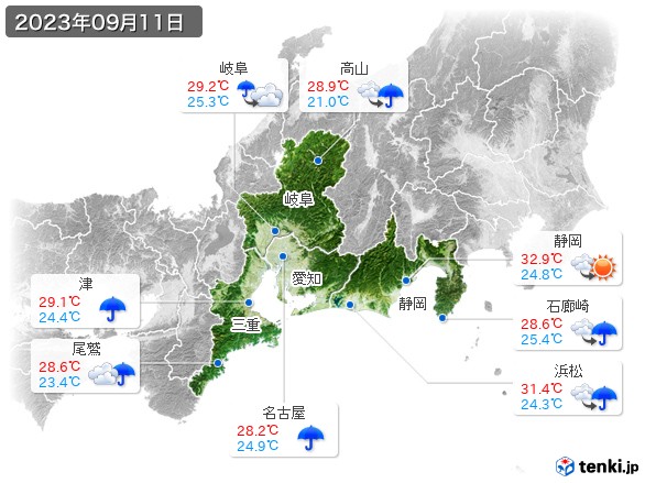 東海地方(2023年09月11日の天気