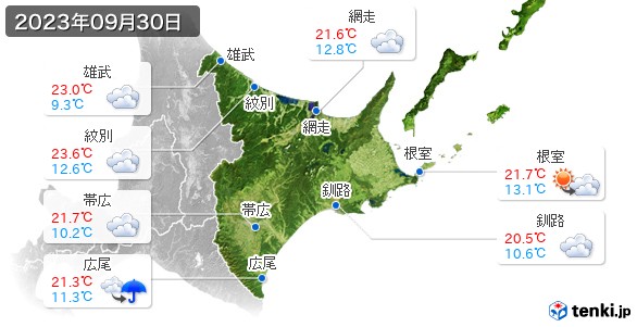 道東(2023年09月30日の天気