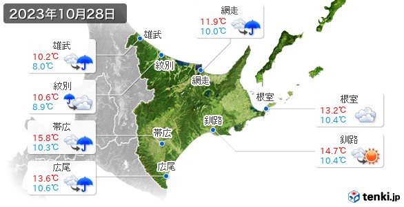 道東(2023年10月28日の天気