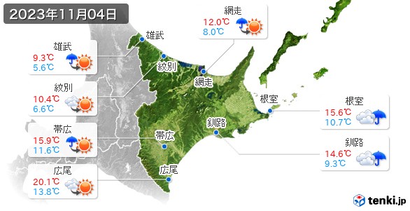 道東(2023年11月04日の天気