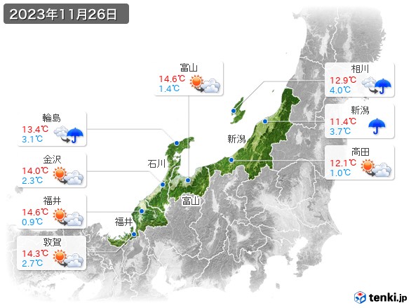 北陸地方(2023年11月26日の天気