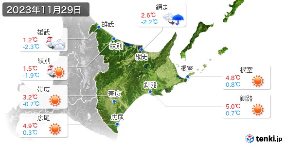 道東(2023年11月29日の天気