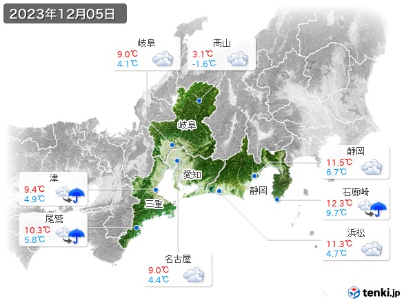 東海地方(2023年12月05日の天気