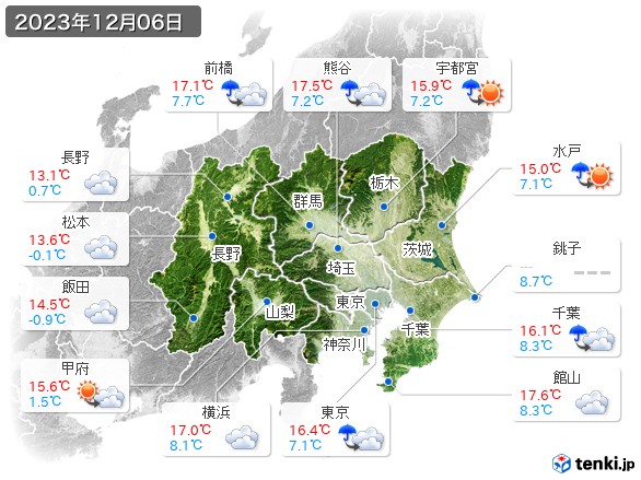 関東・甲信地方(2023年12月06日の天気