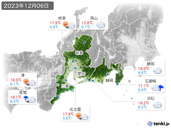 東海地方(2023年12月06日の天気