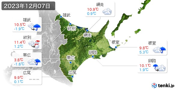 道東(2023年12月07日の天気