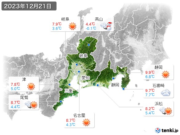 東海地方(2023年12月21日の天気