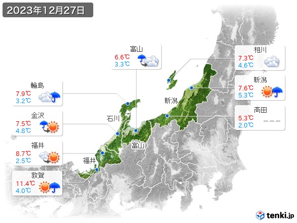 北陸地方(2023年12月27日の天気