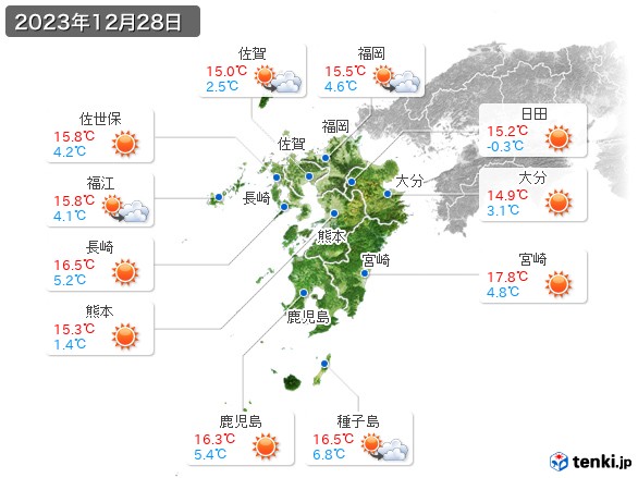 九州地方(2023年12月28日の天気