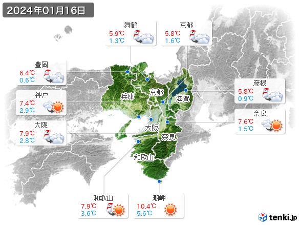 近畿地方(2024年01月16日の天気