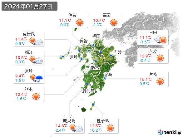 九州地方(2024年01月27日の天気