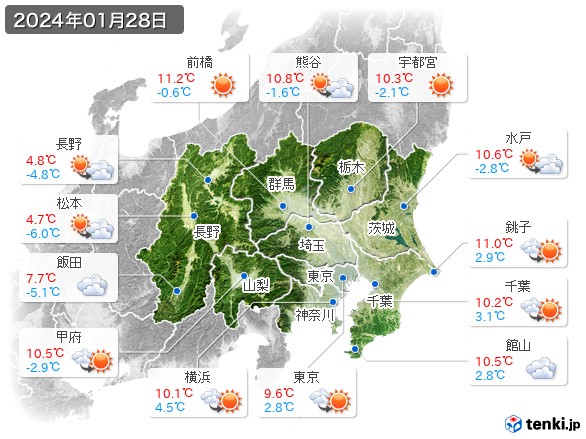 関東・甲信地方(2024年01月28日の天気