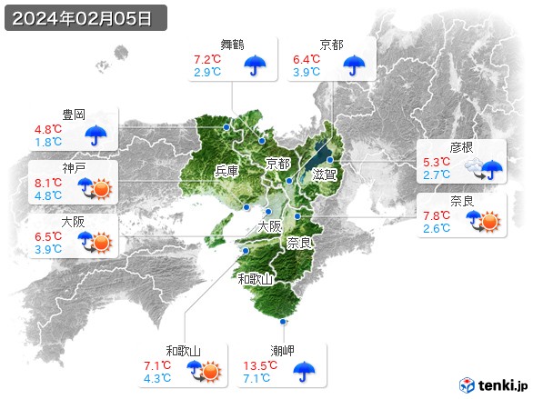 近畿地方(2024年02月05日の天気