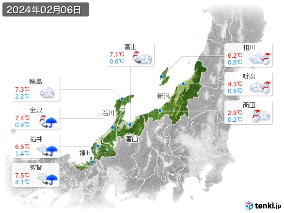 北陸地方(2024年02月06日の天気