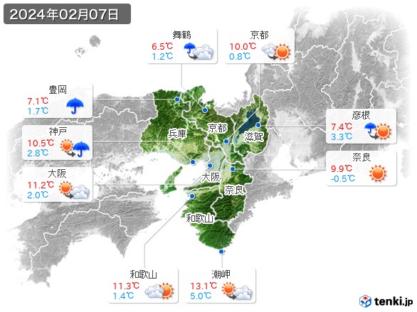 近畿地方(2024年02月07日の天気