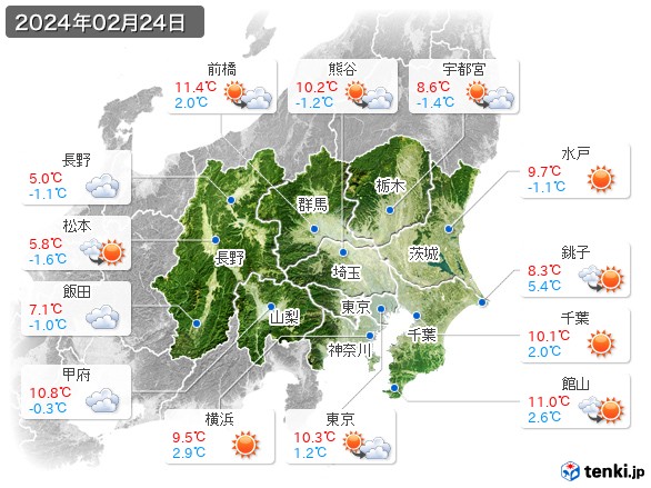 関東・甲信地方(2024年02月24日の天気