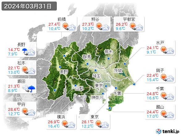 関東・甲信地方(2024年03月31日の天気