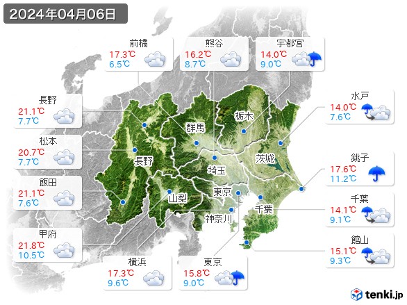 関東・甲信地方(2024年04月06日の天気