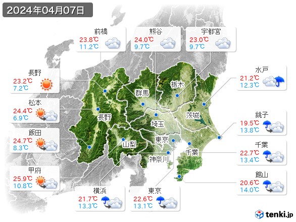 関東・甲信地方(2024年04月07日の天気