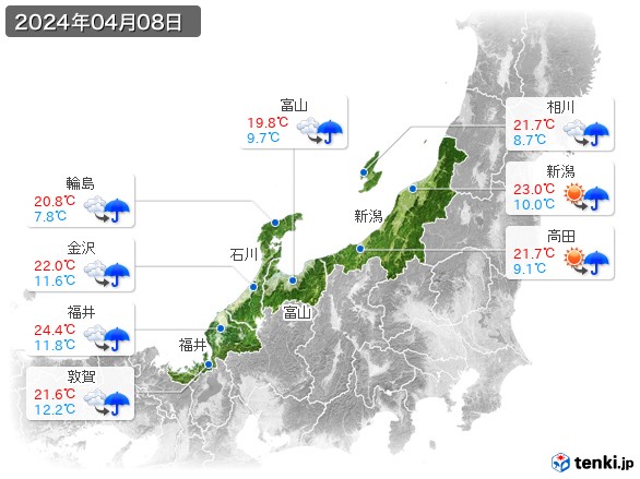 北陸地方(2024年04月08日の天気