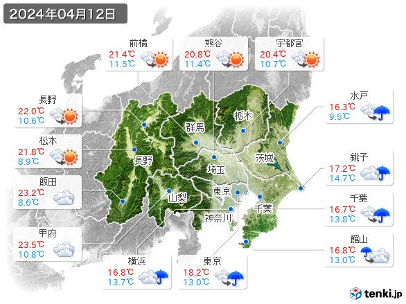 関東・甲信地方(2024年04月12日の天気