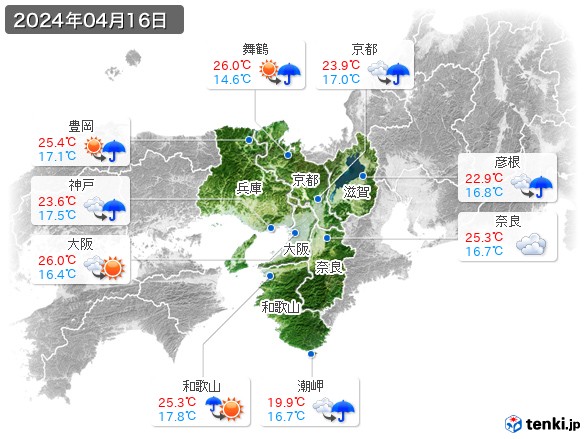 近畿地方(2024年04月16日の天気