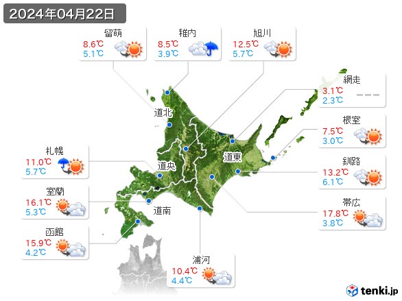 北海道地方(2024年04月22日の天気