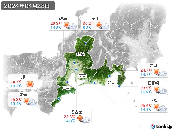 東海地方(2024年04月28日の天気